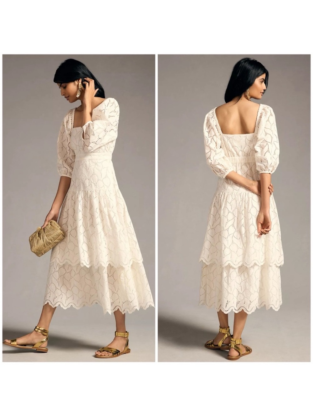 Anthropologie Ivory Eyelet Midi Dress with Puff Sleeves